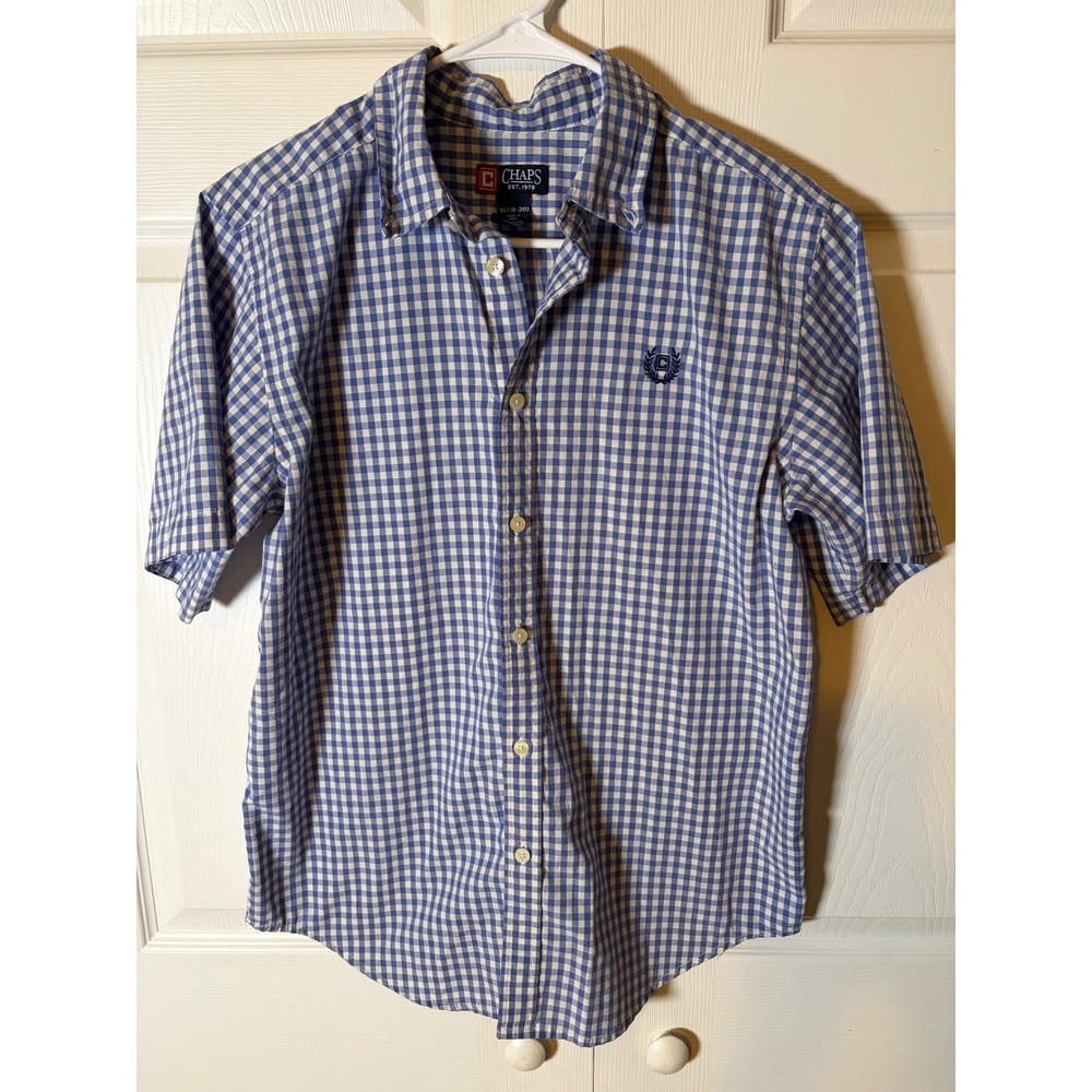 Chaps Boys Blue White Gingham Short Sleeve Button Down Shirt‎ XL 18-20 Logo